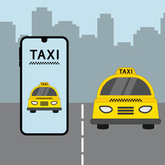Online taxi service in a mobile application with a yellow taxi. The concept of a taxi ordering service.