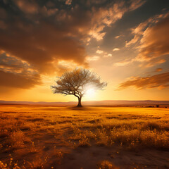 A lone tree in a vast golden field during sunset.