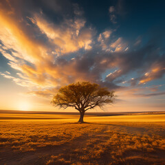A lone tree in a vast golden field during sunset.