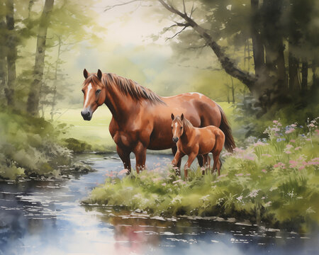 Tranquil Watercolor Painting of Horses - A mare and her foal stand by a forest stream, enveloped in sunlight and surrounded by wildflowers, conveying a peaceful woodland scene.