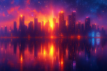 3D Rendering of neon mega city with light reflection