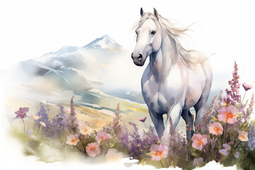 Majestic White Horse in Watercolor - A graceful white horse stands amid alpine wildflowers, with misty mountains adorning the background, rendered in a delicate watercolor style.