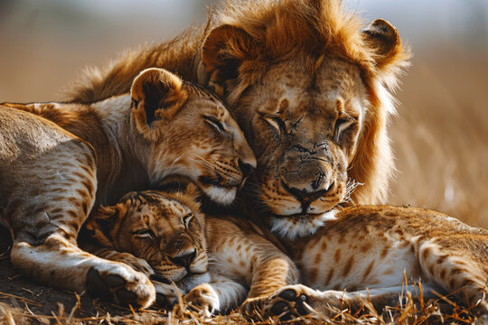 Lovely lion family endangered animal wildlife, lion father mother and cub lying together in savanna.