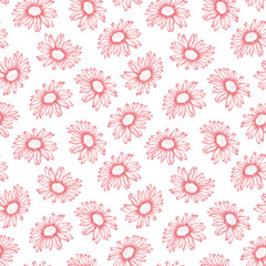 Fototapeta na wymiar Vector summer light pattern with hand-drawn pink daisies. Simple floral pattern on a white background