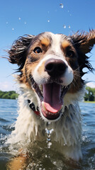 Happy dog playing in the water in summer. Adventures with your dog
