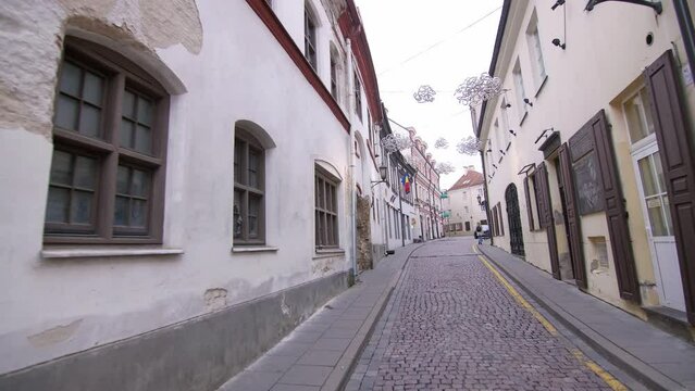 Footage of Gaon street in the old town of Vilnius. Vilnius, Lithuania - 09 10 2023. 