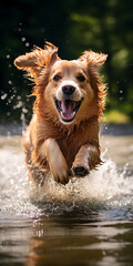 Happy dog playing in the water in summer. Adventures with your dog