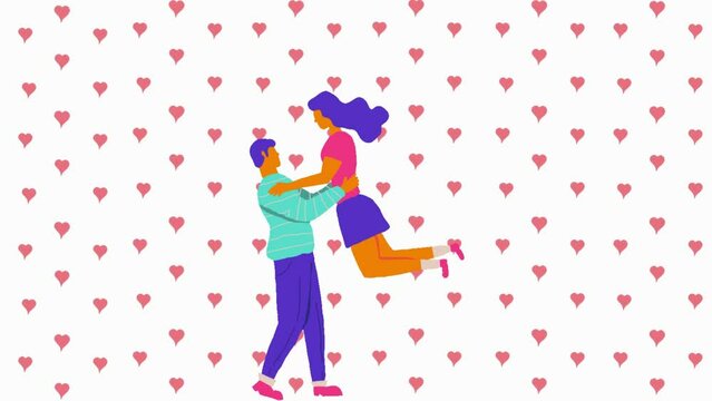 A couple in love hugs against a background of pink hearts. Video concept for valentine's day, wedding or anniversary