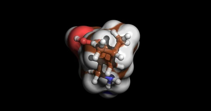 Pregabalin, anticonvulsant drug for treatment of neuropathic pain conditions and seizures,  3D molecule spinning on Y-axis, 4K