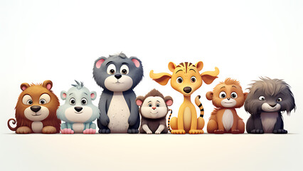 group of cute animals isolated on a white background. 3d rendering