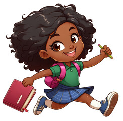 Sweet cartoon of an adorable black girl excitedly heading to school. Bright smile, backpack, and a positive educational atmosphere, generative AI