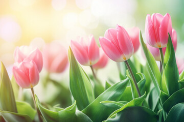 Naklejka premium pink tulips on green background