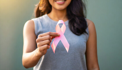 Woman's hand holds pink ribbon, symbolizing breast cancer awareness and medical care - obrazy, fototapety, plakaty