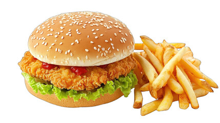 Fast food fried chicken sandwich and french fries, transparent background