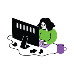 Cartoon Color Web Development Concept Scene with Character Girl Using Computer at Sitting at Desk. Vector illustration