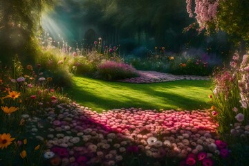A surreal spring garden where the flowers and lawn grass have transformed into an enchanting realm, with oversized and fantastical blooms, the grass resembling a plush carpet
