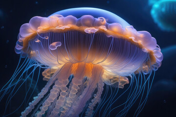 Generative AI a beautiful blue jellyfish, A beautiful jellyfish lights up underwater, jellyfish, marine plants and corals, Views of marine animals and plants at night, Beautiful view of under the sea