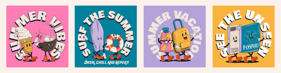 Set of summer retro posters or cards with walking funny cute comic characters. Lettering illustration for t-shirt print. Suitcase, ice cream, ticket, spf cream, passport, pool float, surf	