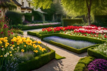 A classical spring garden with carefully arranged flower beds and neatly trimmed lawn grass, reminiscent of traditional European gardens, the air filled with the sweet scent of blooming flowers