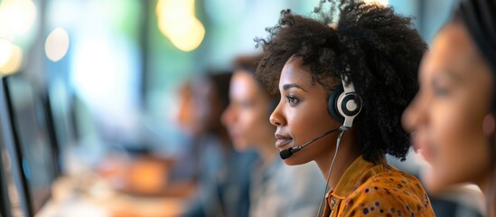 Call center headquarters providing supervisor training for multiethnic team, led by an African American woman. - Powered by Adobe