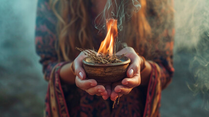 Herbs burn in the hands of a woman. Selective focus.