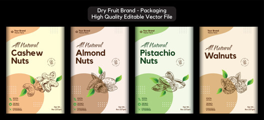 Dry Fruit Packaging Design, Dry Fruit Label Sticker Pouch Design, Dry Fruit Box Design, Cashew Nuts, Almond Label, Pistachio, Walnut Label Design, Premium Quality Editable Vector File Illustration