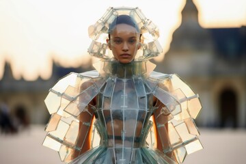 A female model wearing a dress made of glass.