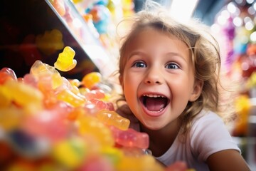 A happy child in the candy paradise of a candy store.