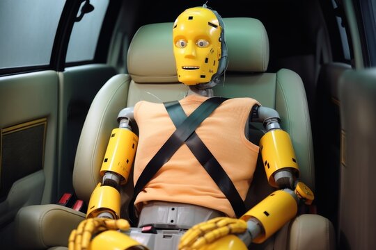 A crash test dummy in a car.