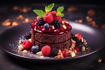 Fototapeta na wymiar Raw vegan chocolate cake with nuts and berries, elegant plating, wellness and healthy lifestyle
