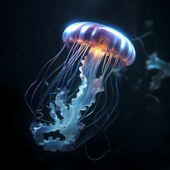 Bioluminescent jellyfish in a dark ocean.