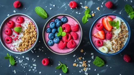 Fotobehang Organic smoothie bowls with berries and nuts, morning food, healthy breakfast flat lay , vegetarian food © AnnTokma