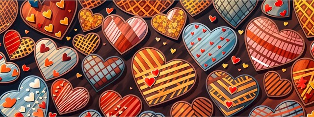 A collection of beautifully decorated heart-shaped cookies in various patterns and shades of red and green, design template, banner, background, greeting card