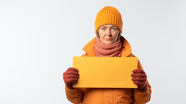 Frau in oranger Winterkleidung h&auml;lt ein Protestschild in den H&auml;nden, neutraler Studiohintergrund 
