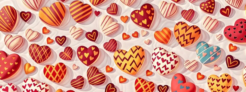 A collection of beautifully decorated heart-shaped cookies in various patterns and shades of red and green, design template, banner, background, greeting card