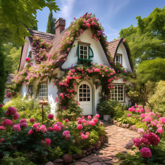Fototapeta na wymiar Charming cottage in a blooming garden
