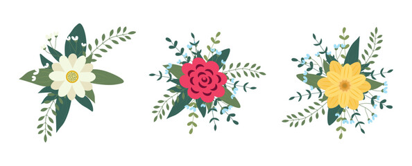 Set of flowers arrangement isolated on background. Flat illustration. Perfect for cards, invitations, decorations, logo, various designs