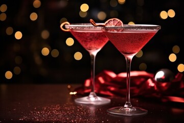 two red cosmopolitan Valentines day cocktails in martini glasses with bokeh copy space left