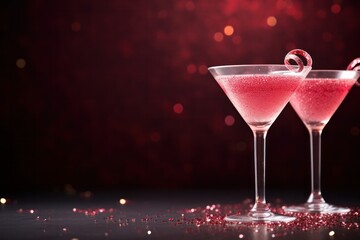 two red cosmopolitan Valentines day cocktails in martini glasses with bokeh copy space left - obrazy, fototapety, plakaty