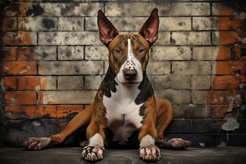 brown bull terrier with brick wall grunge background. Dangerous dog breed.