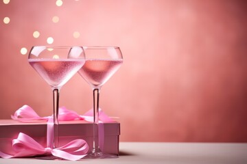 two pink sparkling wine, cava, champagne Valentines day cocktails in glasses with gift boxes bokeh copy space right. Romantic surprise, dating concept. Wedding engagement party celebration.