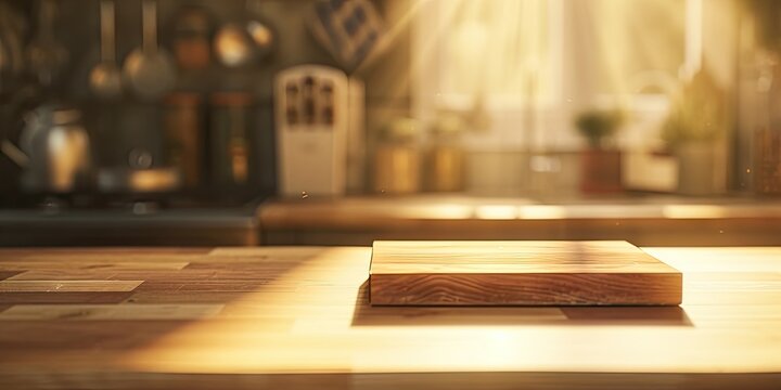 Luxurious kitchen interior. Wooden table and counter set in modern home design creating empty space with blurred background perfect for showcasing food decor and culinary products