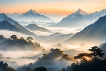 Himalaya Mountains surrounded by a gentle veil of morning mist, showcasing serene valleys and mountain ridges, the rising sun casting a warm glow on the landscape