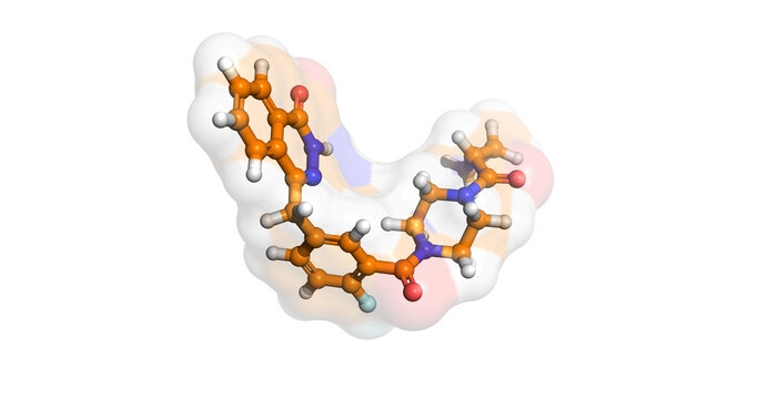 
Olaparib, drug against ovarian cancer, breast cancer, pancreatic cancer, and prostate cancer, 3D molecule 4K 