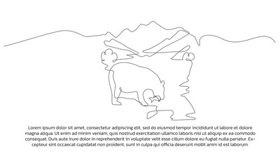 View of a polar bear looking for food in the river one continuous line design. Decorative elements drawn on a white background.