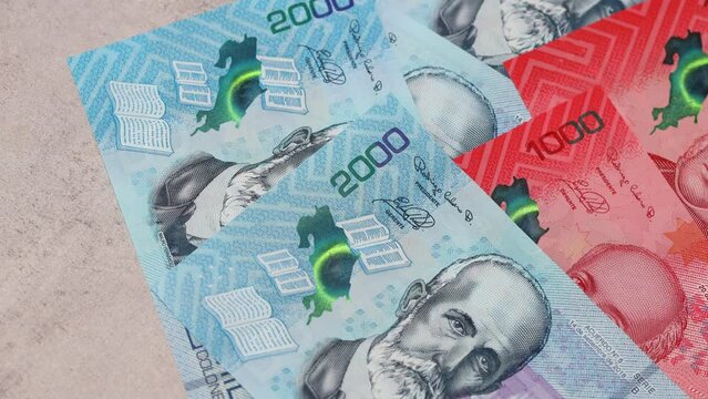 Costa Rica money, Costa Rican colones, paper banknotes, counting cash, financial concept, close up