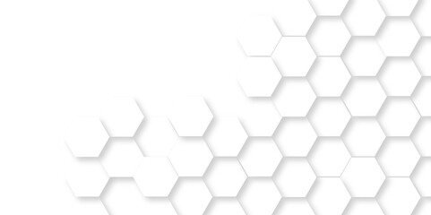 Seamless pattern of hexagons white Hexagonal background with white hexagons. Geometric futuristic technology honeycomb backdrop mesh cell vector. 3d white hexagon  grid tile structure mesh background.