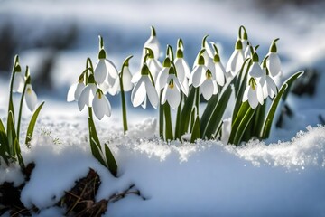 Delicate snowdrops, their tiny white blossoms peeking through a blanket of pristine snow, a scene of purity and resilience in the midst of winter, Photography