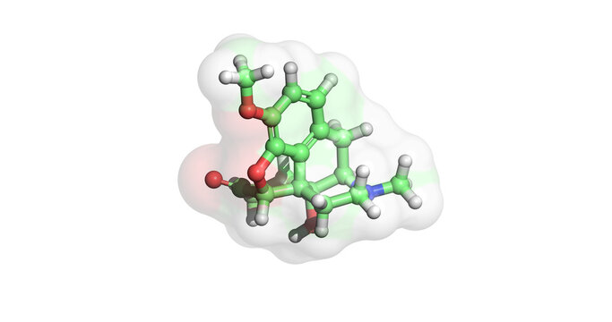 Oxycodone, opioid drug for management of moderate to severe pain, 3D molecule 4K