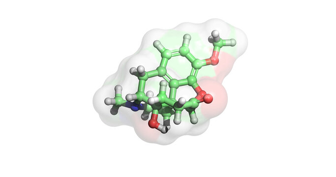 Oxycodone, opioid drug for management of moderate to severe pain, 3D molecule 4K
